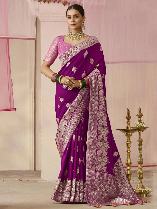 Purple Designer Silk Saree with Floral Weaving Work For Festival and Party Wear