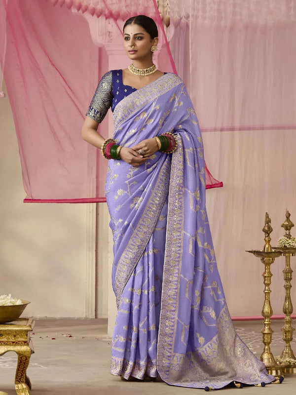 Lavender Designer Silk Saree with Floral Weaving Work For Festival and Party Wear