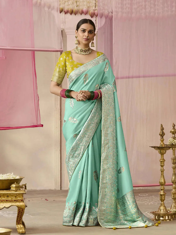 Mint Green Designer Silk Saree with Yellow Blouse For Festival and Party Wear