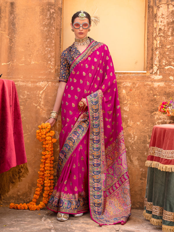 Rani Pink Silk Wedding Saree with Luxury Print