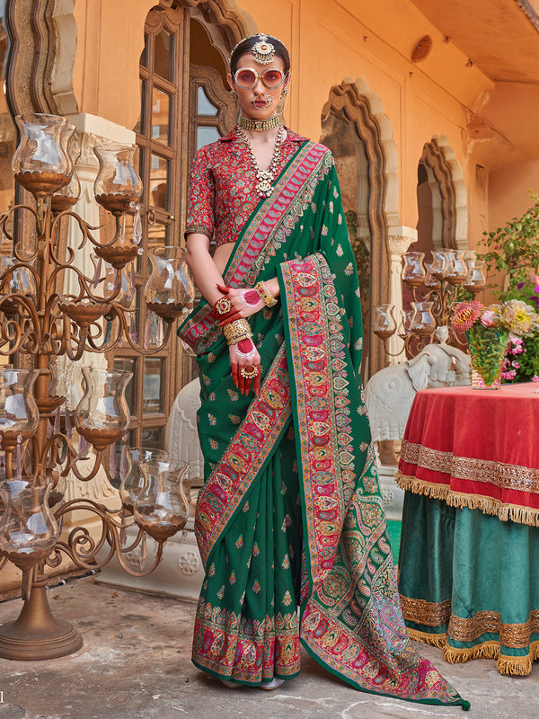 Designer Printed Silk Weeding Saree In Green