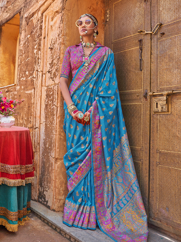 Blue Designer Silk Fancy Weeding Saree With Luxury Print