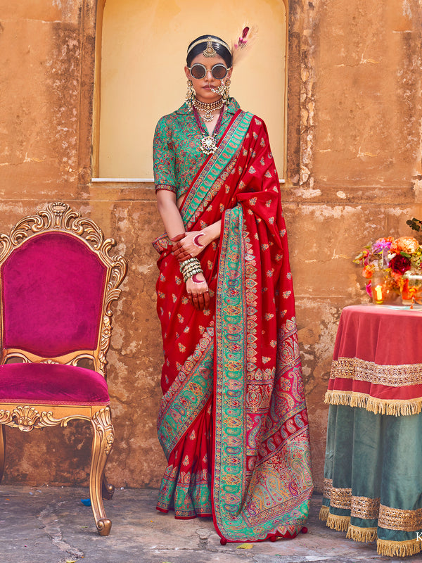 Printed Luxury Red Silk Wedding Saree with Glory Finish