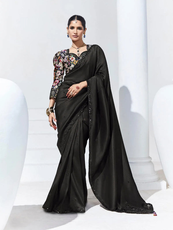 Black Organza Saree with Multi-color Satin Silk Blouse for Party Wear