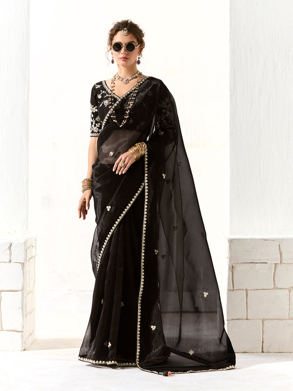 Black Organza Tissue Saree with Heavy Work Border & Butta – Designer Blouse with Sleeve & Back Work | Party & Festive Wear Saree for Women

