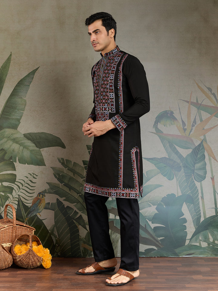 Black Viscose Silk Men’s Kurta for Navratri | Thread & Sequin Embroidered Festive Ethnic Wear