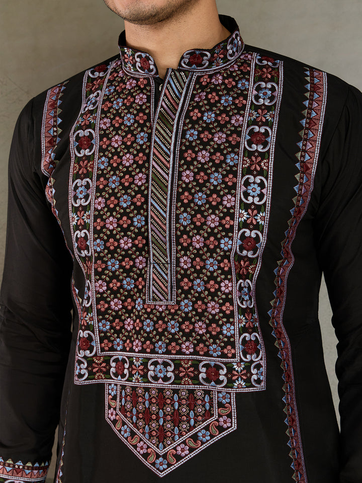 Black Viscose Silk Men’s Kurta for Navratri | Thread & Sequin Embroidered Festive Ethnic Wear