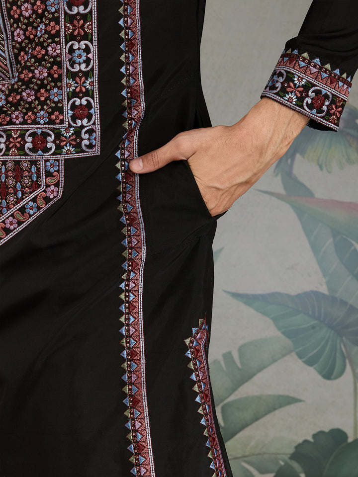 Black Viscose Silk Men’s Kurta for Navratri | Thread & Sequin Embroidered Festive Ethnic Wear