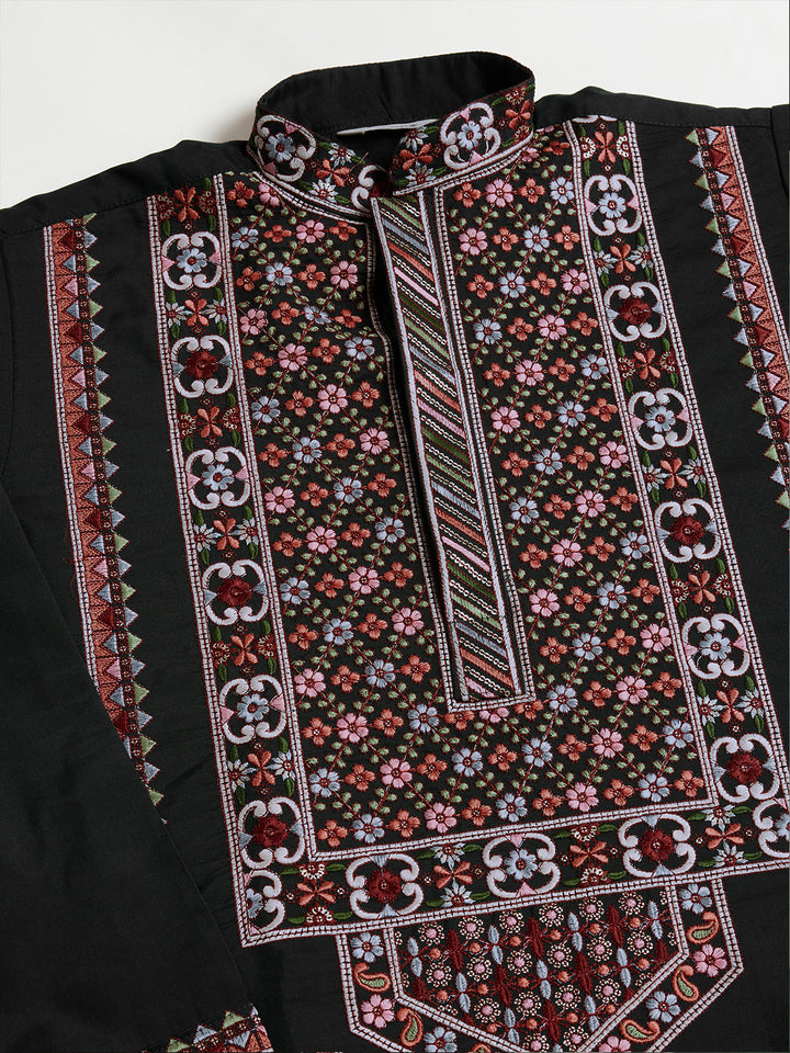 Black Viscose Silk Men’s Kurta for Navratri | Thread & Sequin Embroidered Festive Ethnic Wear
