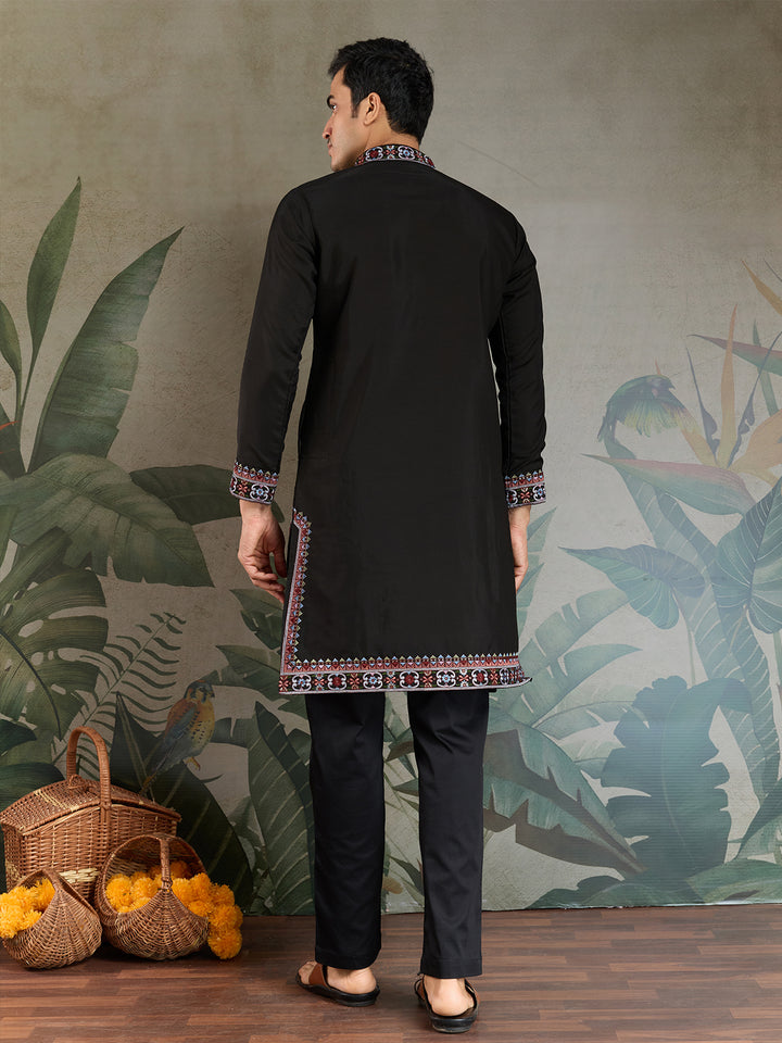 Black Viscose Silk Men’s Kurta for Navratri | Thread & Sequin Embroidered Festive Ethnic Wear