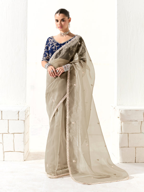 Silver Organza Tissue Saree with Heavy Work Border & Butta – Blue Designer Blouse | Party & Festival Wear Saree