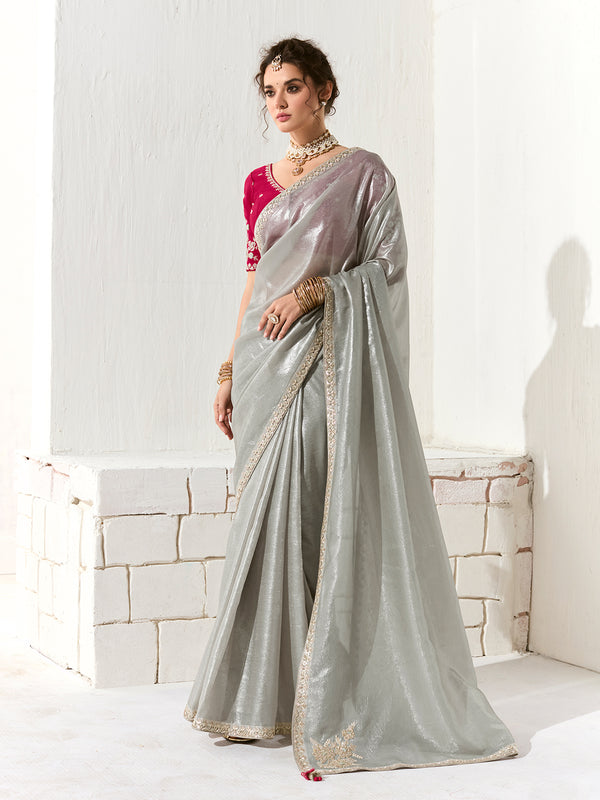 Grey Organza Tissue Saree with Heavy Work Border & Butta | Rani Pink Designer Blouse for Party & Festival Wear
