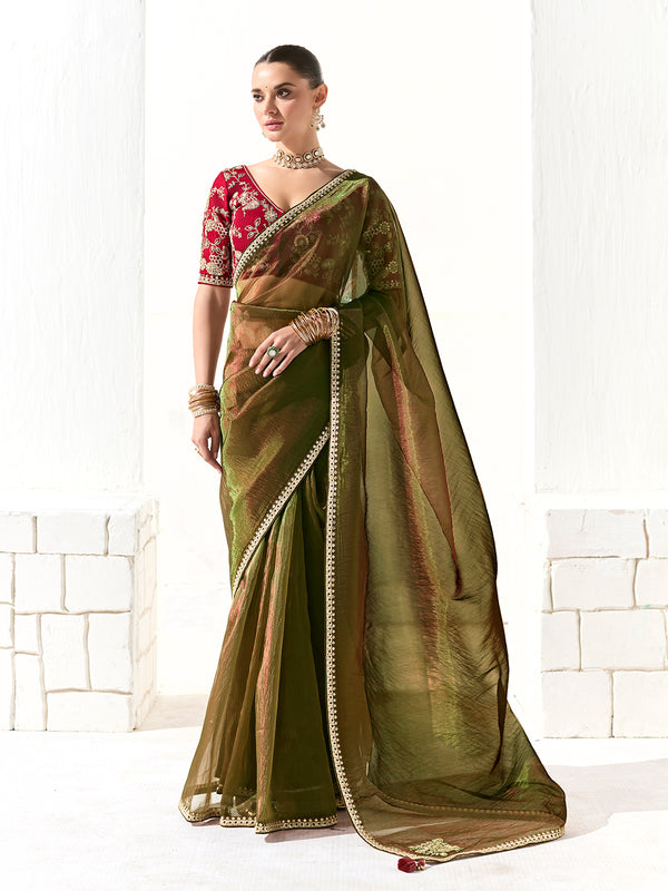 Dark Green Organza Tissue Saree with Heavy Border & Butta | Red Designer Blouse for Party & Festival Wear

