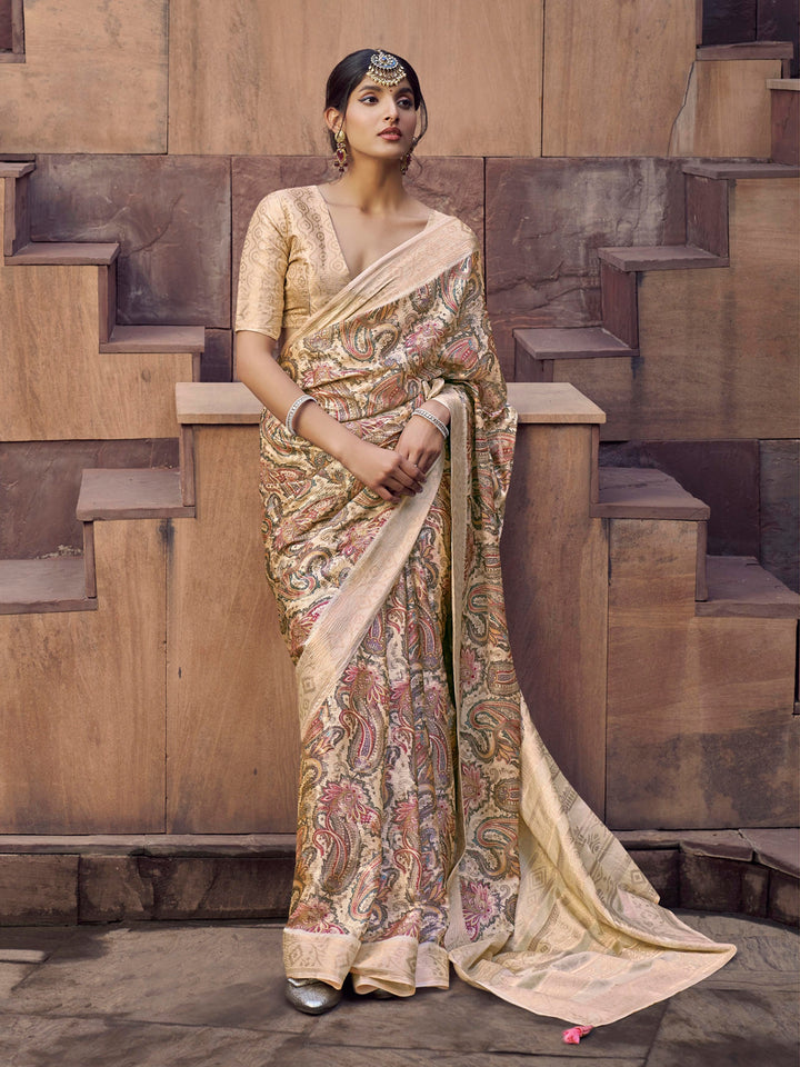 Cream Jacquard Saree with Digital Print For Wedding & Festival Wear