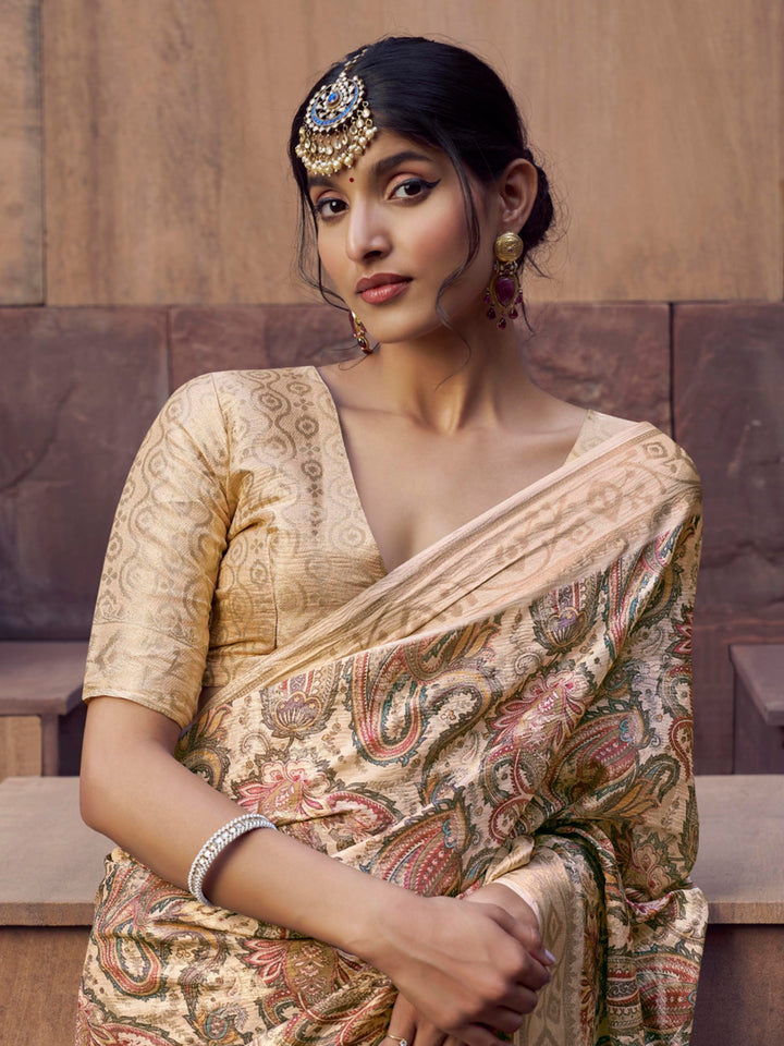 Cream Jacquard Saree with Digital Print For Wedding & Festival Wear