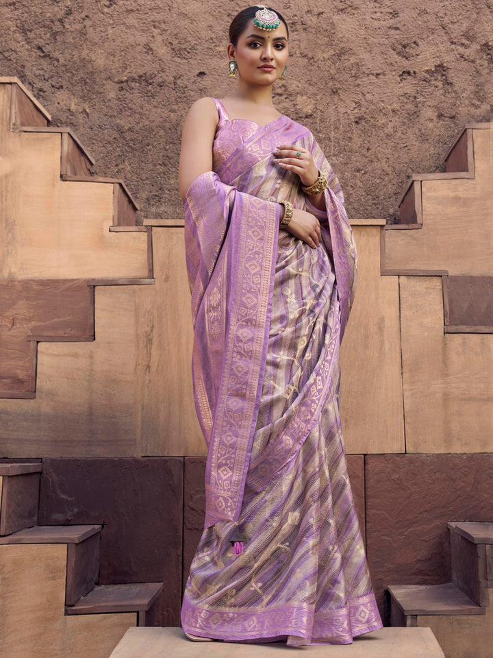 Lavender Digital Print Jacquard Saree | Rich Weaving Festival & Wedding Wear | With Blouse Piece