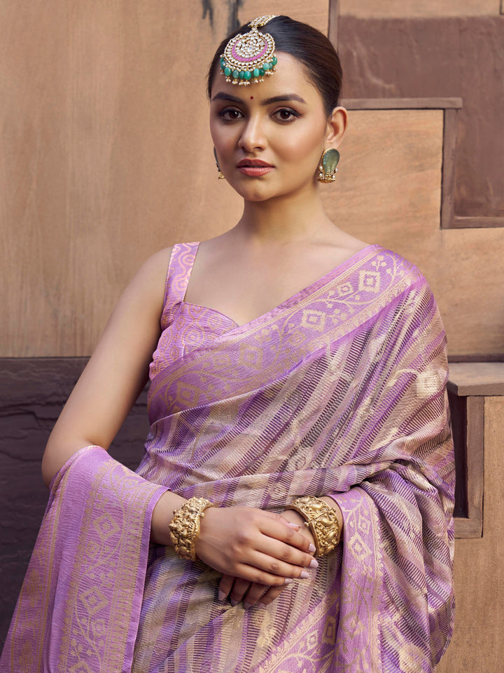Lavender Digital Print Jacquard Saree | Rich Weaving Festival & Wedding Wear | With Blouse Piece