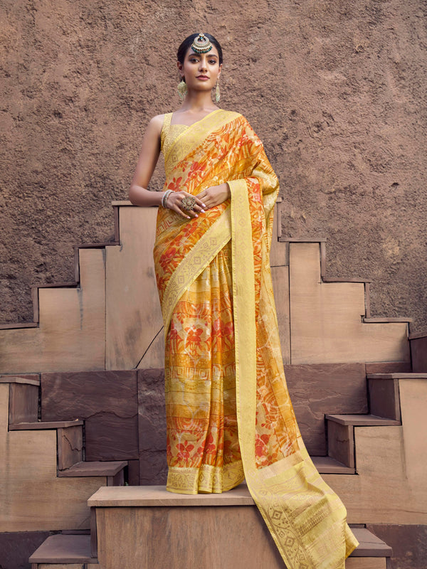 Yellow Jacquard Saree with Digital Print For Wedding & Festival Wear