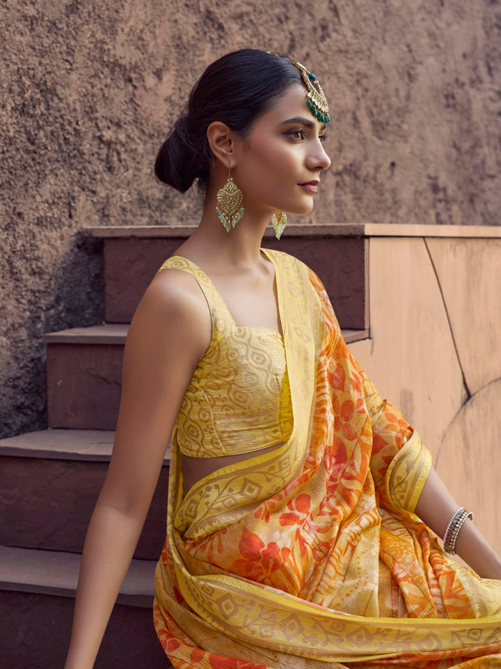 Yellow Jacquard Saree with Digital Print For Wedding & Festival Wear