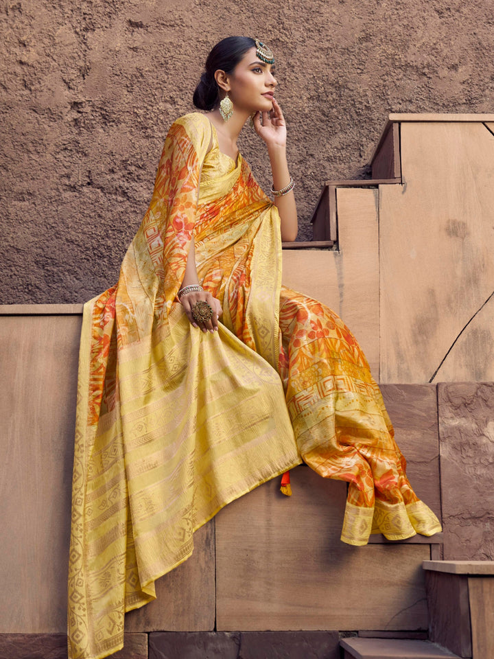 Yellow Jacquard Saree with Digital Print For Wedding & Festival Wear