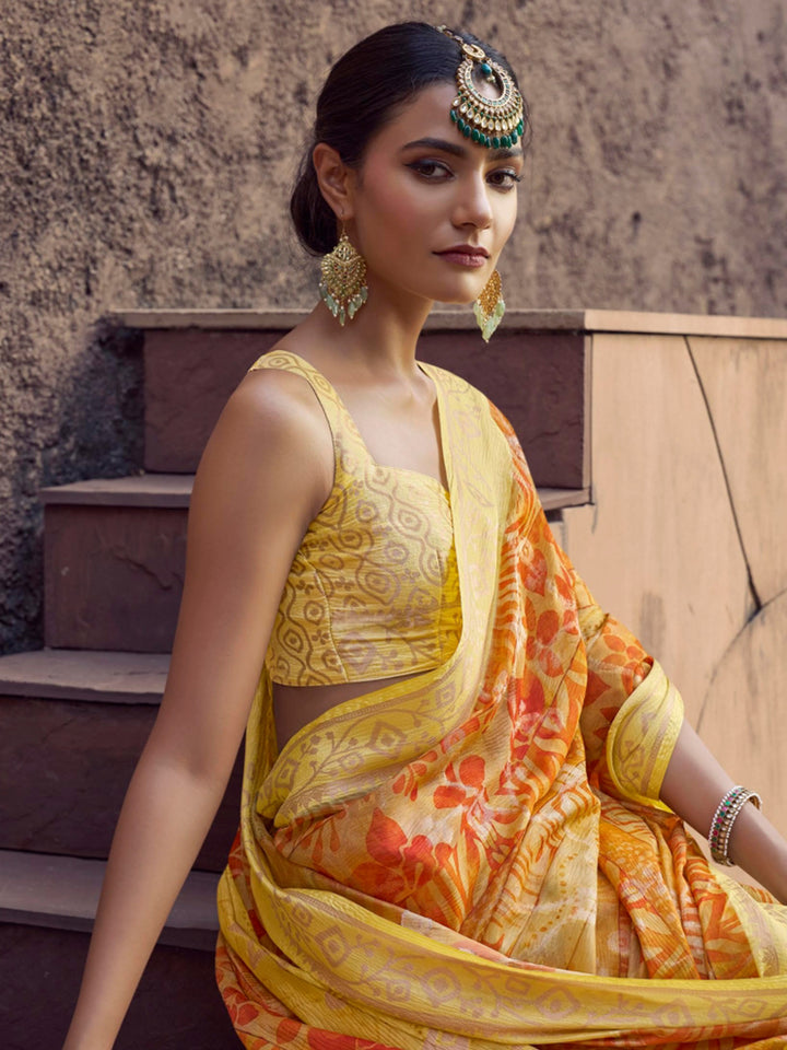 Yellow Jacquard Saree with Digital Print For Wedding & Festival Wear