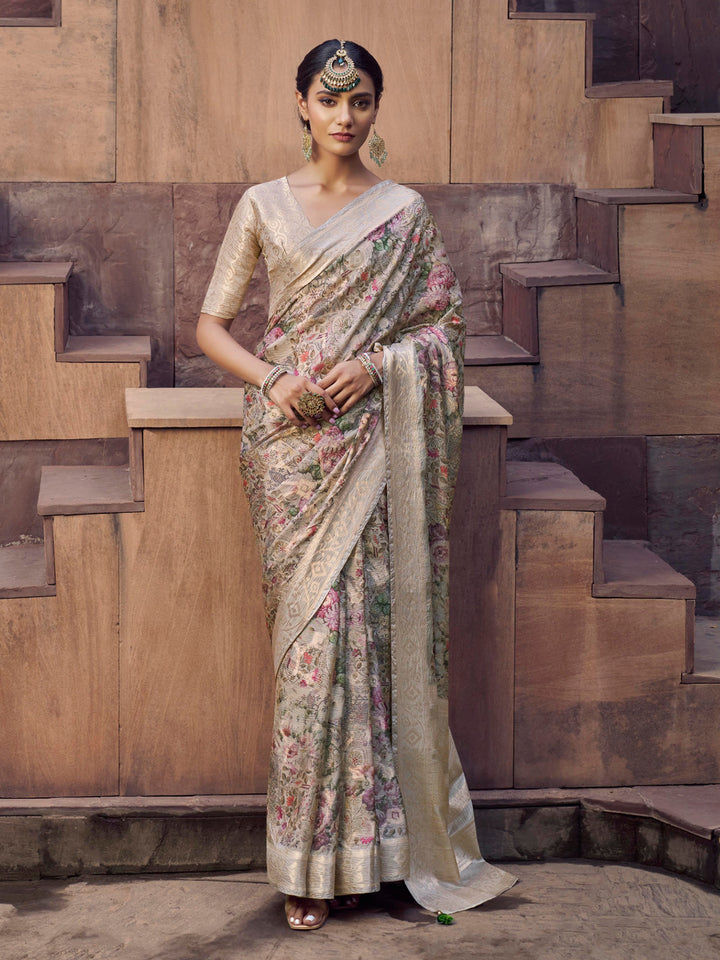 Digital Printed Designer Jacquard Weaving Saree in Golden