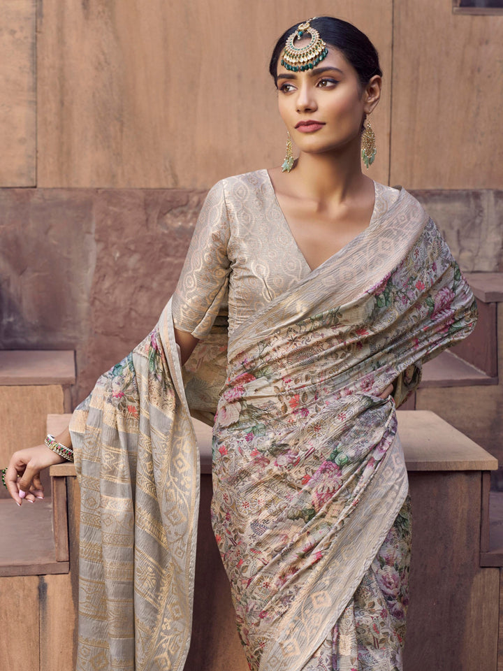 Digital Printed Designer Jacquard Weaving Saree in Golden