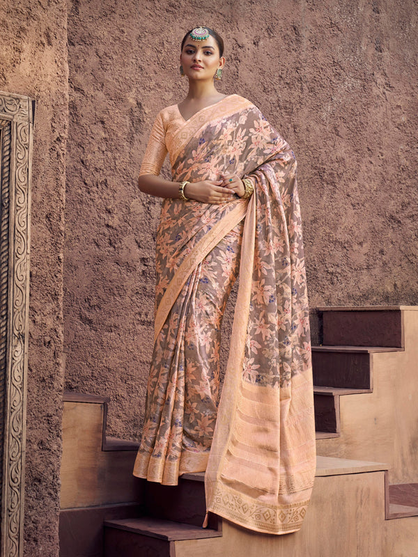peach jacquard saree for wedding and festival | digital print woven silk saree peach jacquard weaving digital print saree with matching blouse