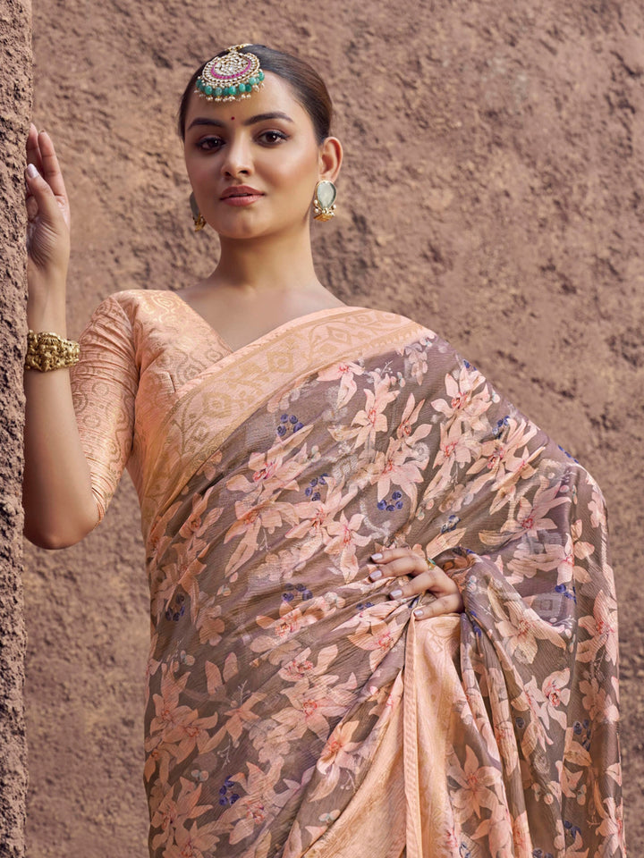 peach jacquard saree for wedding and festival | digital print woven silk saree peach jacquard weaving digital print saree with matching blouse