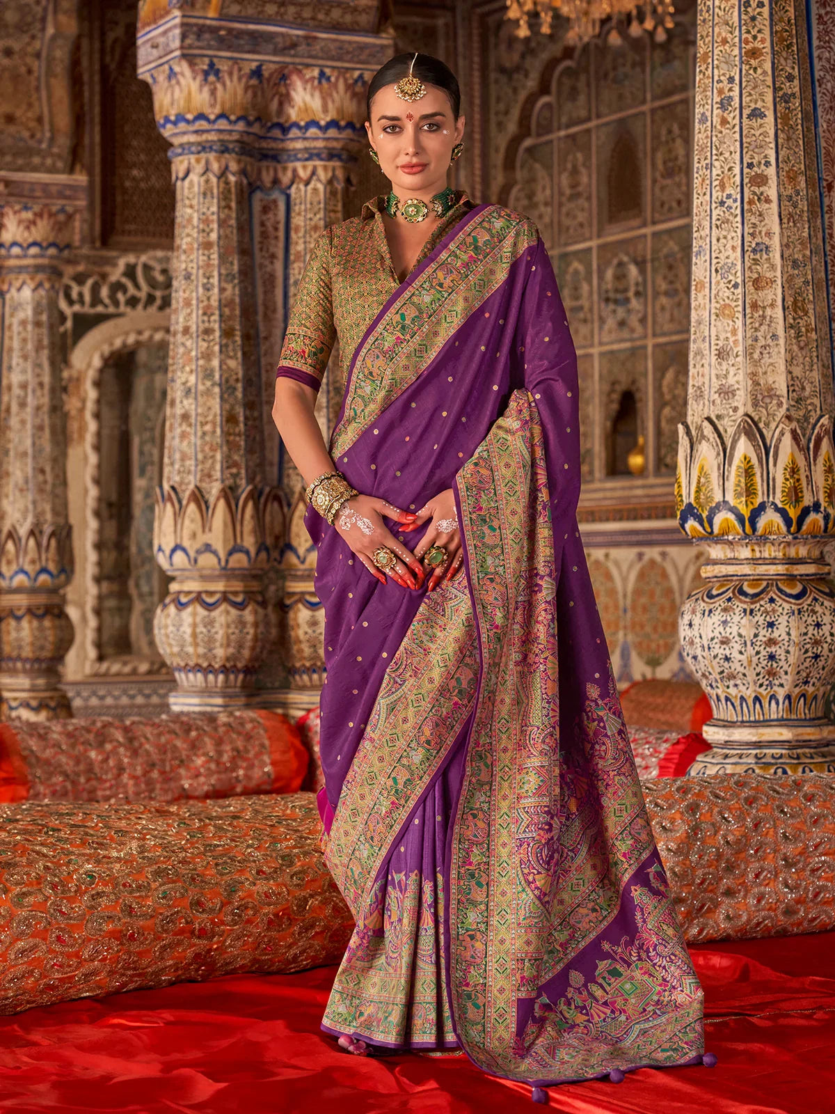 Traditional Designer Silk Luxury Print Saree In Purple - VJV Now - India
