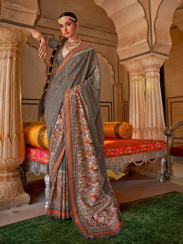 Grey Designer Print Viscose Silk Festival Saree