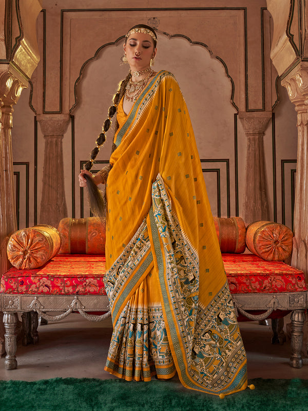 Yellow Designer Print Viscose Silk Festival Saree