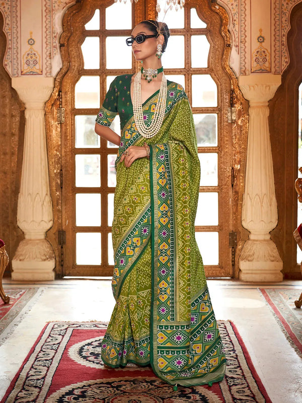 Olive Green Silk Designer Patola Saree for Festival Wear