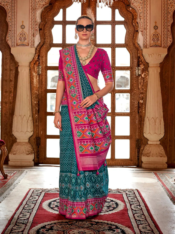 Dark Teal Silk Designer Patola Saree for Festival Wear