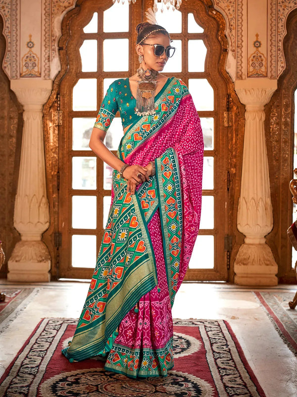 Rani Pink Silk Designer Patola Saree for Festival Wear