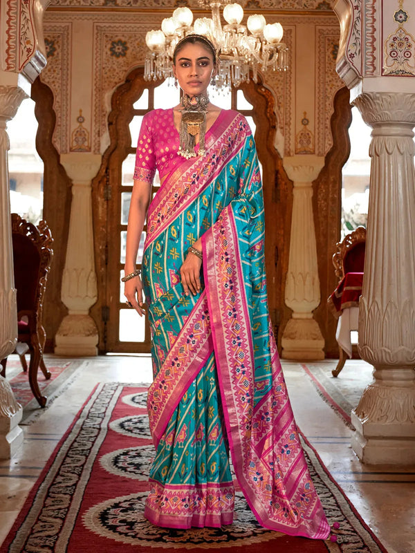 Turquoise blue Silk Designer Patola Saree for Festival Wear