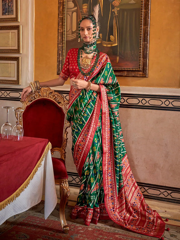 Dark Green Silk Designer Patola Saree for Festival Wear