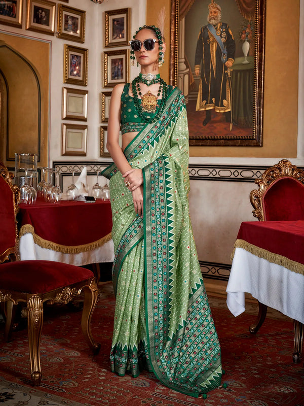 Green Silk Saree with Traditional Patola Design for Festival Wear