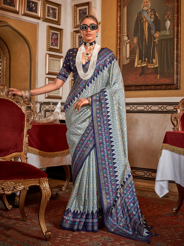 Blue-Gray Silk Saree with Traditional Patola Design for Festival Wear