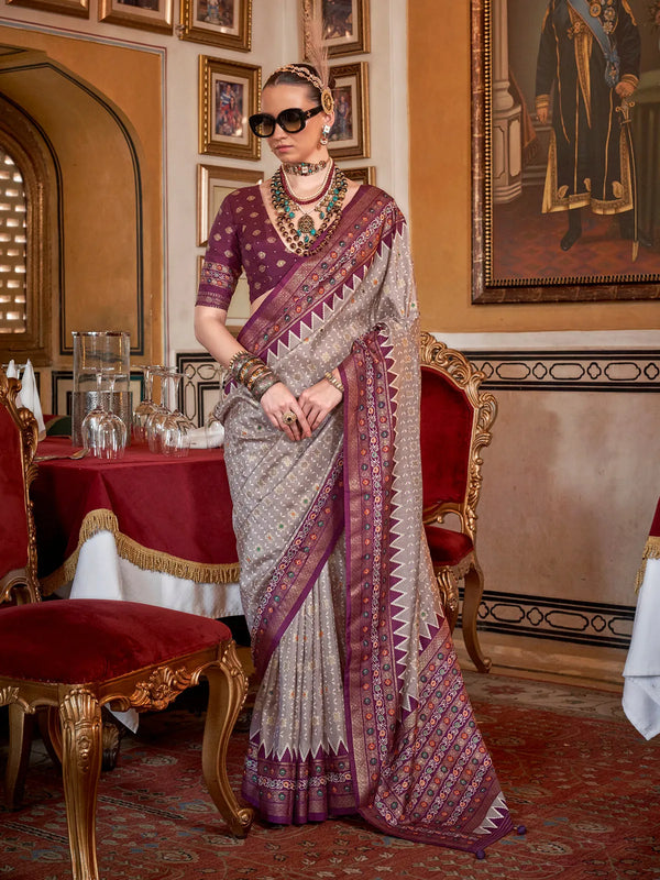 Silver Silk Saree with Traditional Patola Design for Festival Wear