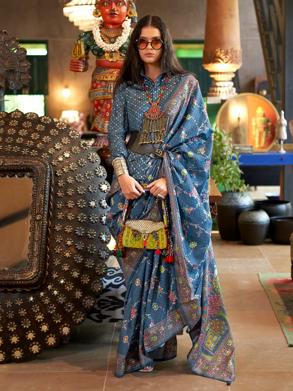 luxury blue silk wedding saree with glory print finish - festival wear