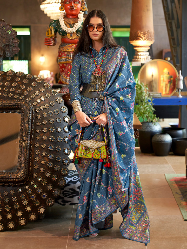 luxury blue silk wedding saree with glory print finish - festival wear