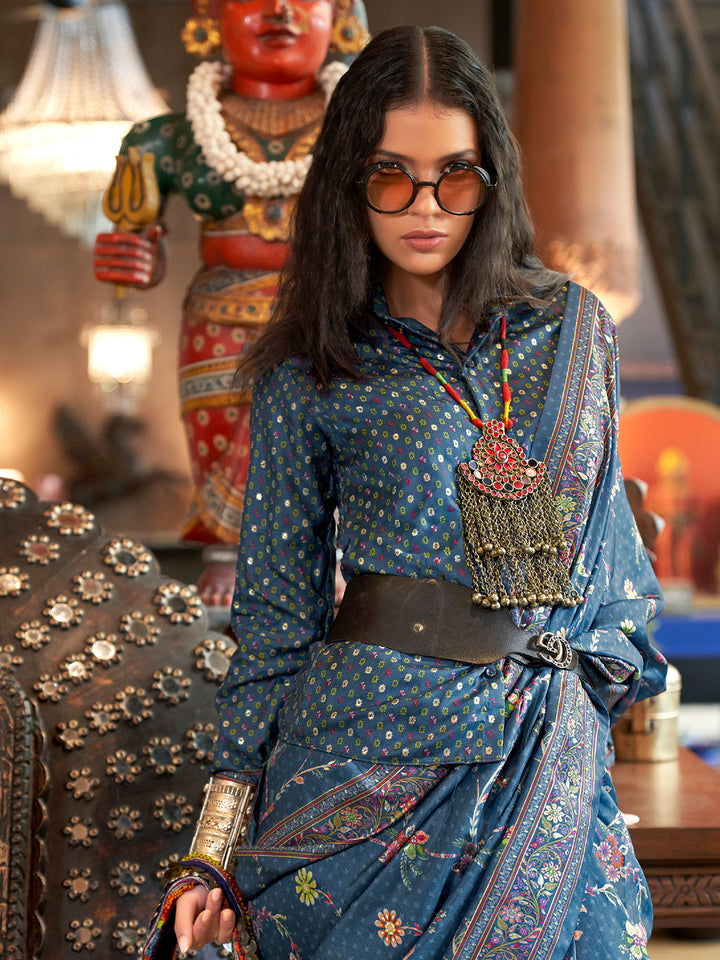 luxury blue silk wedding saree with glory print finish - festival wear