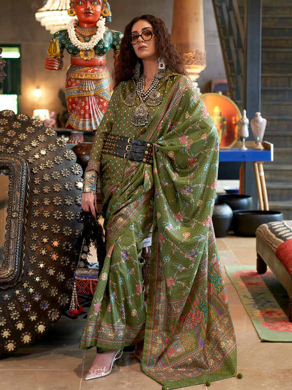 Green Luxury Print Silk Saree for Wedding & Festival