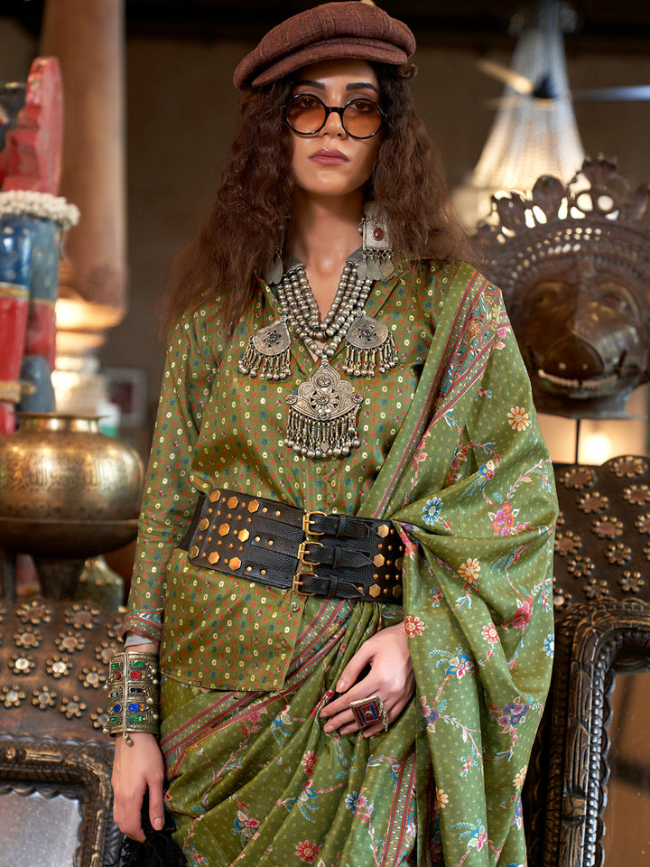 Green Luxury Print Silk Saree for Wedding & Festival