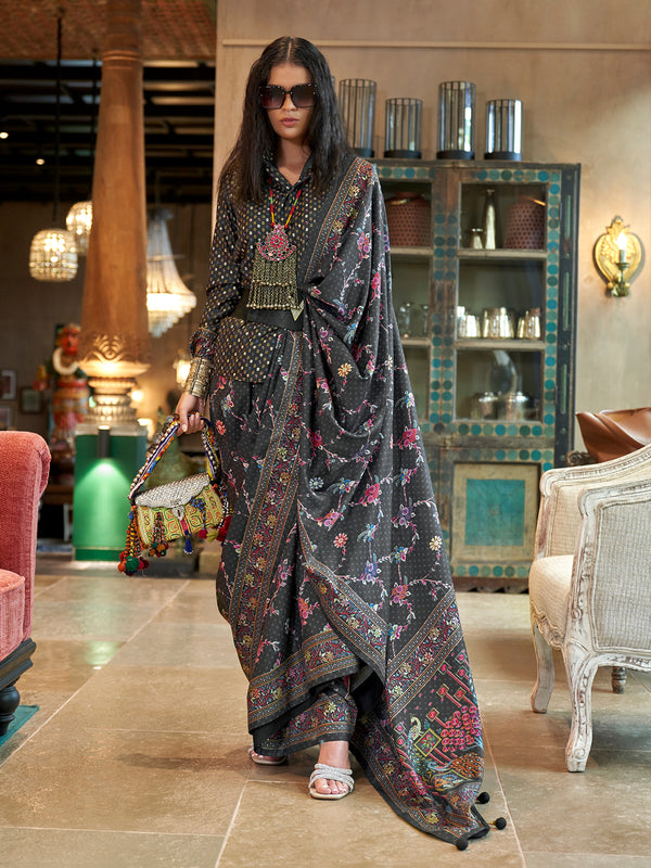 Designer Black silk luxury print saree for wedding & festival wear