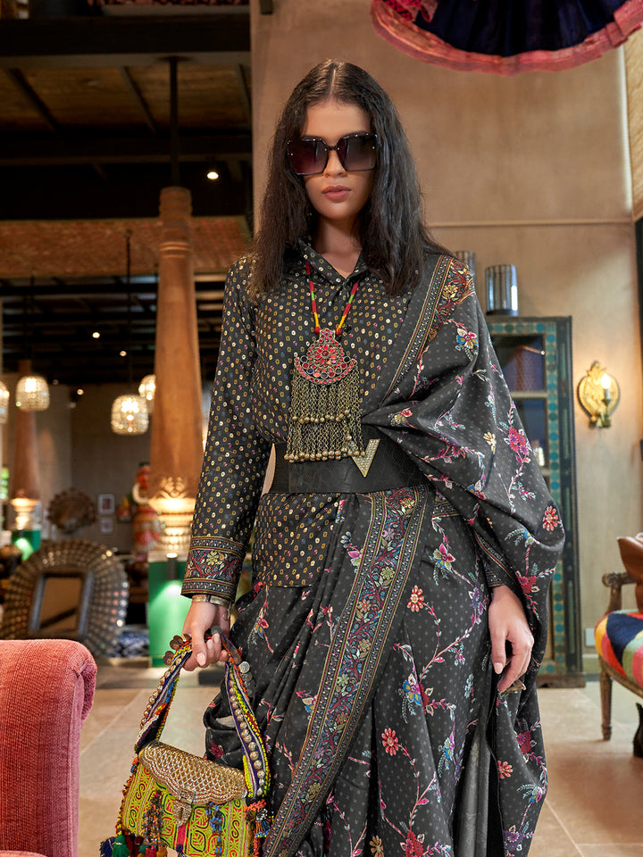 Designer Black silk luxury print saree for wedding & festival wear