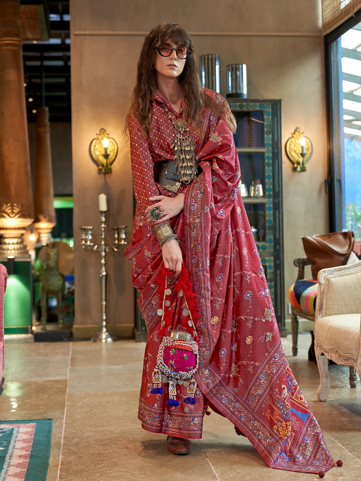 Luxury Red Silk Saree for Wedding & Festival Wear In Glory Finish Printed