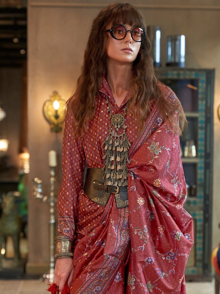 Luxury Red Silk Saree for Wedding & Festival Wear In Glory Finish Printed