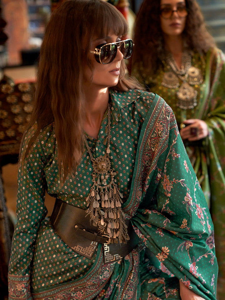 Dark Green Silk Saree for Wedding & Festival: Luxury Print Glory Finish Sari